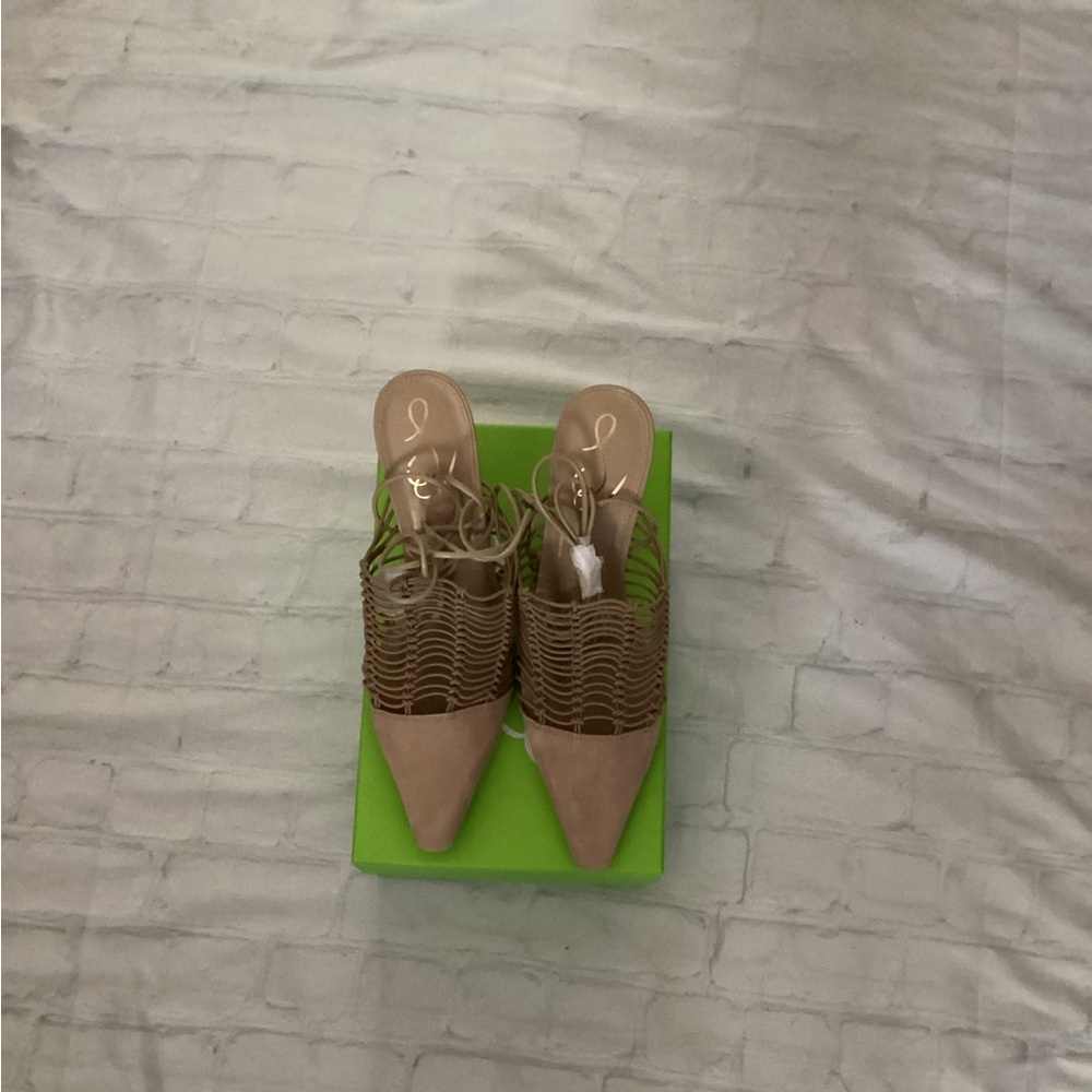 SAM ELDELMAN Woven Pointed-Toe Lace-Up Mules in Beige - Picture 4 of 6